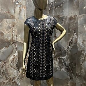 Catherine Malandrino Black Lace Lather Patterned Midi Dress